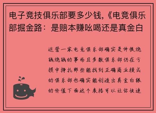 电子竞技俱乐部要多少钱,《电竞俱乐部掘金路：是赔本赚吆喝还是真金白银？》